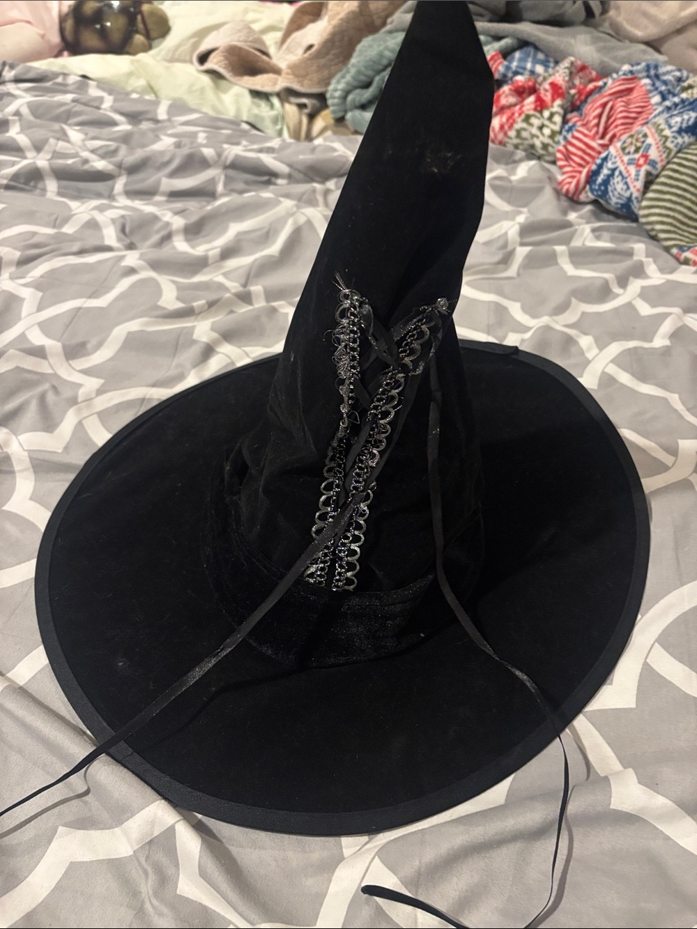 Classic Black Witch Hat for Kids with Lace-Up Trim